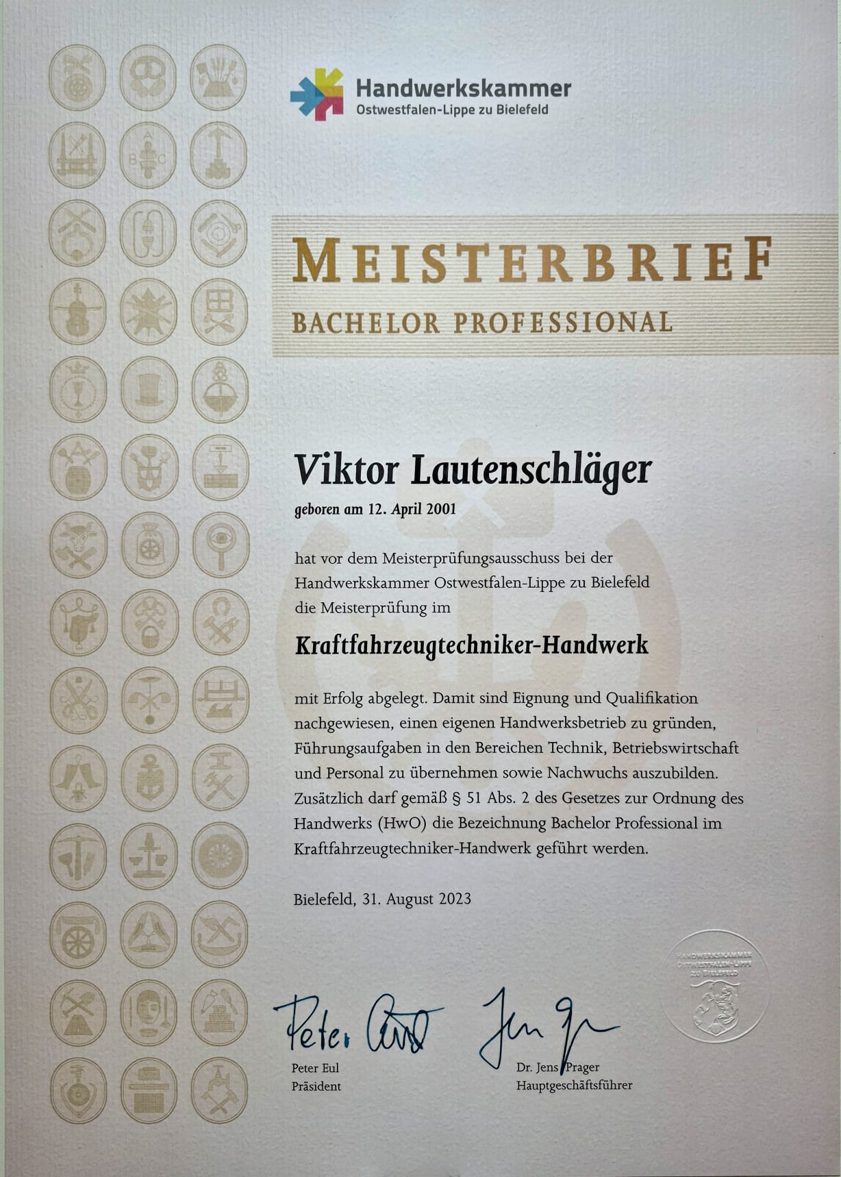 Meisterbrief im Kraftfahrzeugtechniker-Handwerk