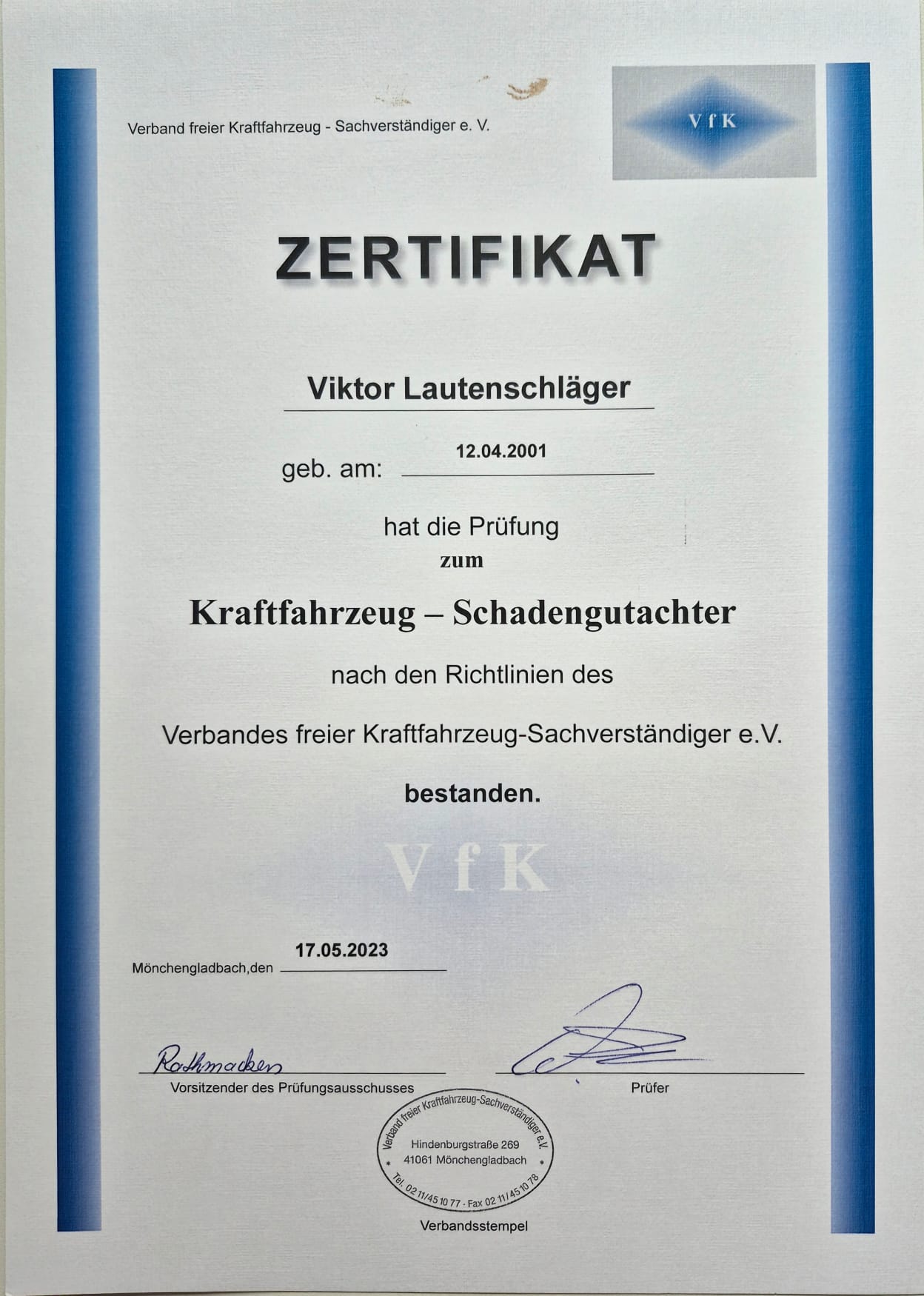 Zertifikat Schadensgutachter