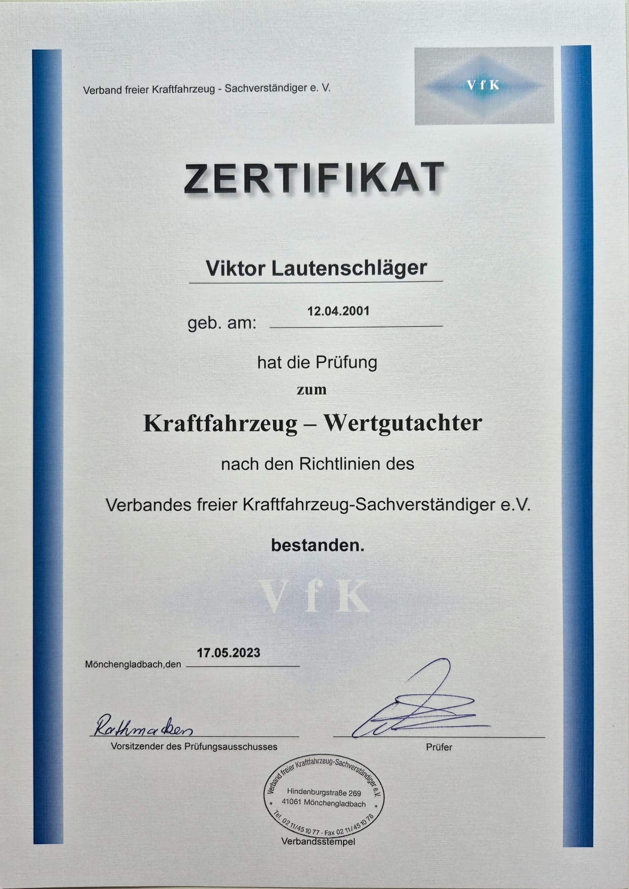 Zertifikat Wertgutachter
